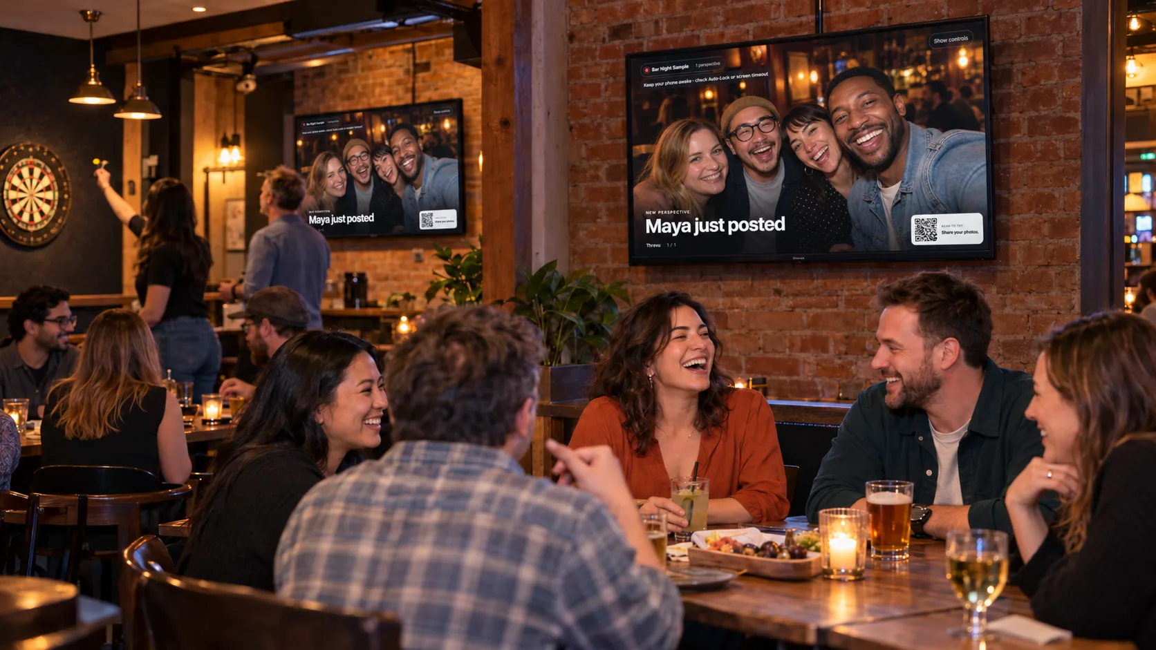 Illustrated bar night with friends, darts and two guest-photo screens