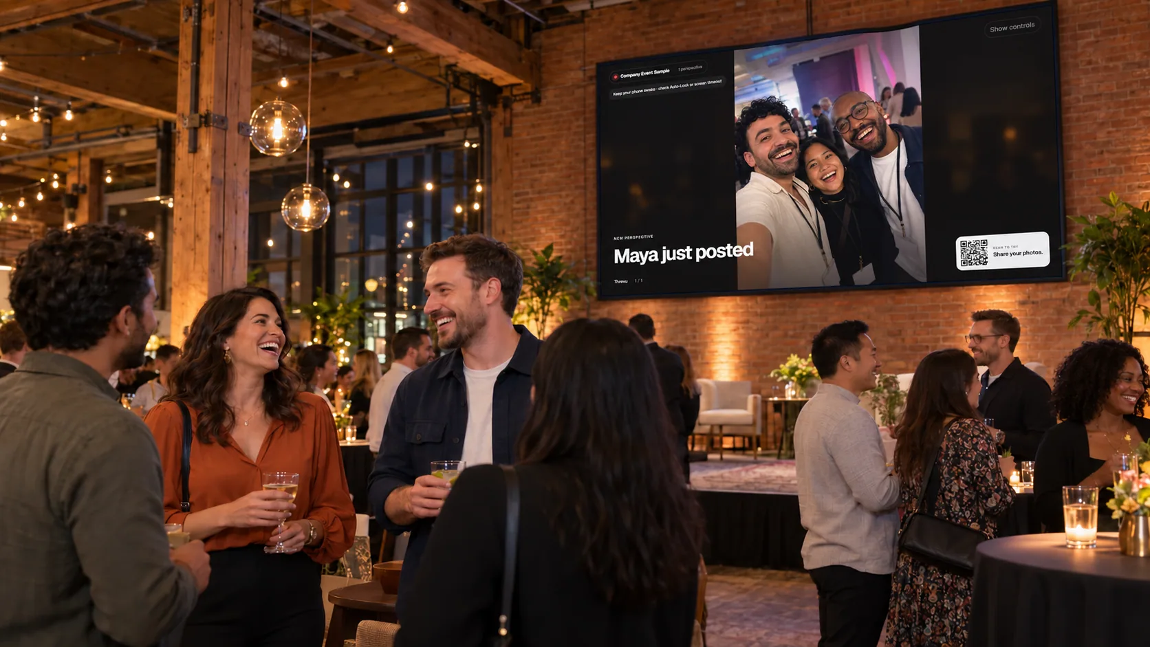 Illustrated company gathering with attendees talking below a guest-photo screen