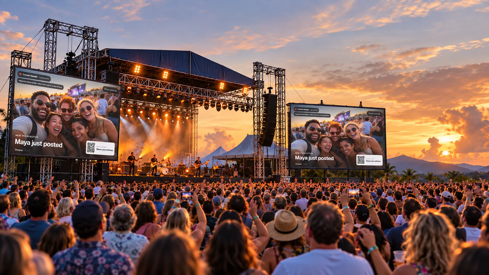 Illustrated outdoor concert at sunset with guest-photo displays on both sides of the stage