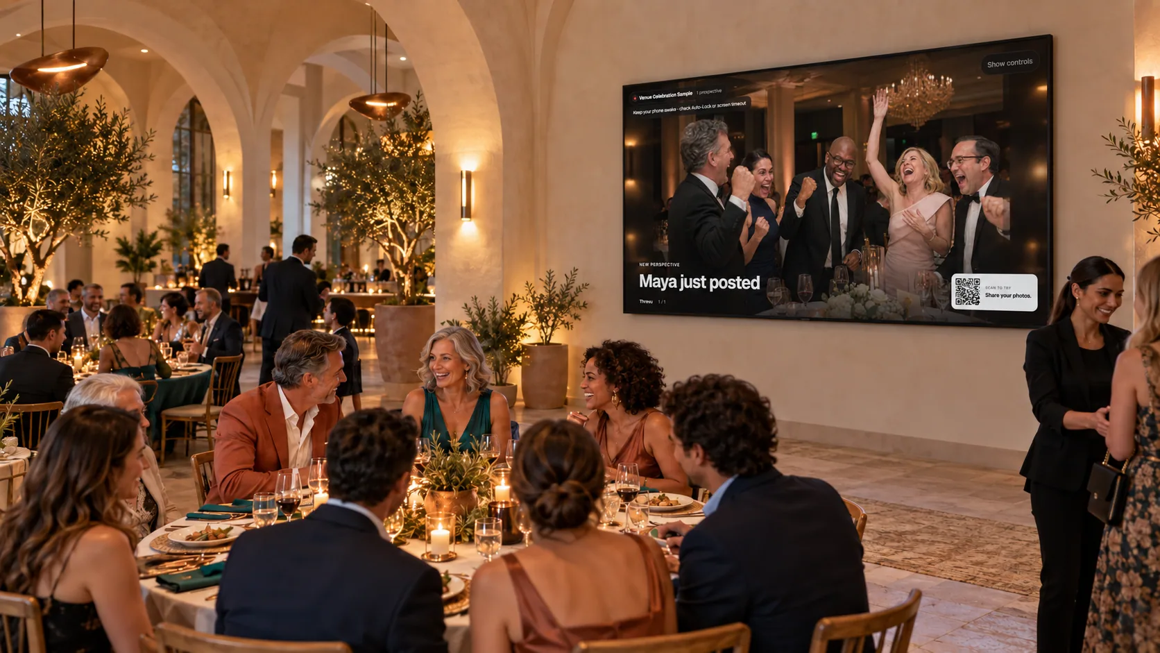 Illustrated venue celebration with guests at separate tables and a guest-photo screen