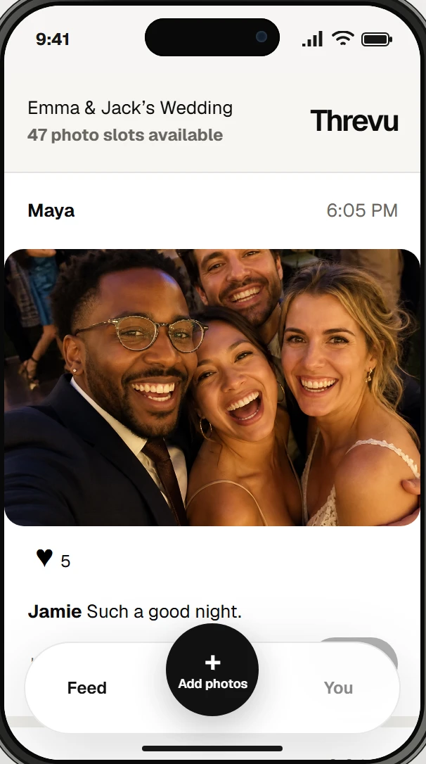 Threvu’s actual sample wedding gallery, with guest photos, reactions and comments